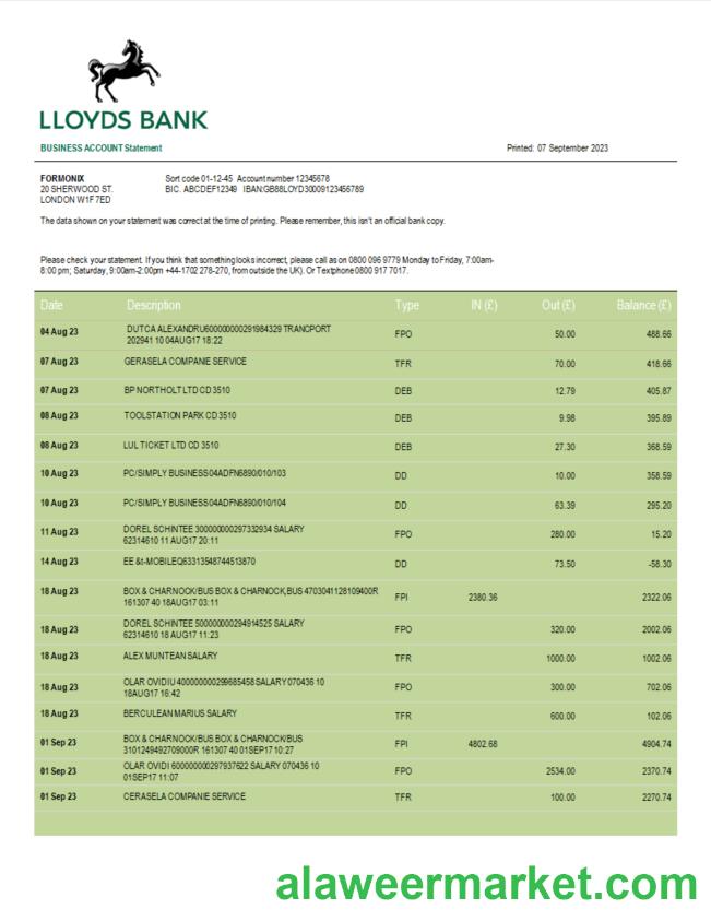 Lloyds Bank business account statement Word and PDF template